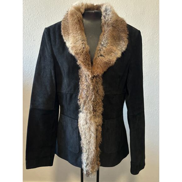 Blanc Noir Kharma Black Suede Real Fur Jacket Penny Lane Coat Size Small - Picture 1 of 4